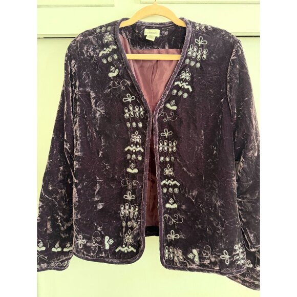 CHICOS CRUSHED VELVET PLUM PURPLE BEADED EMBELLISHED BLAZER/TANK SZ 2 WOMENS - Picture 2 of 6